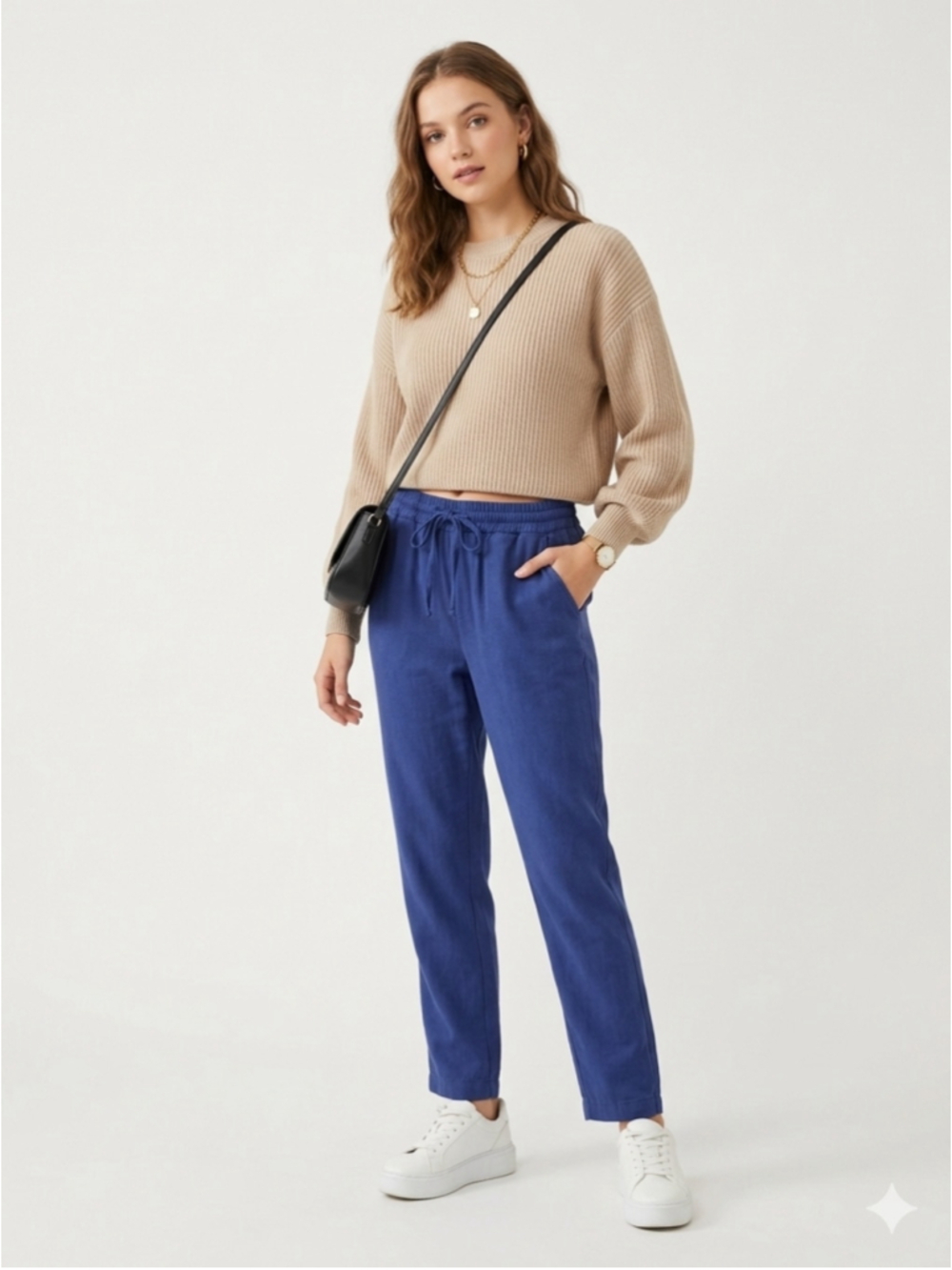 Aritzia Tna Blue Cotton Paperbag Drawstring Waist Straight Leg Pants Small - 920